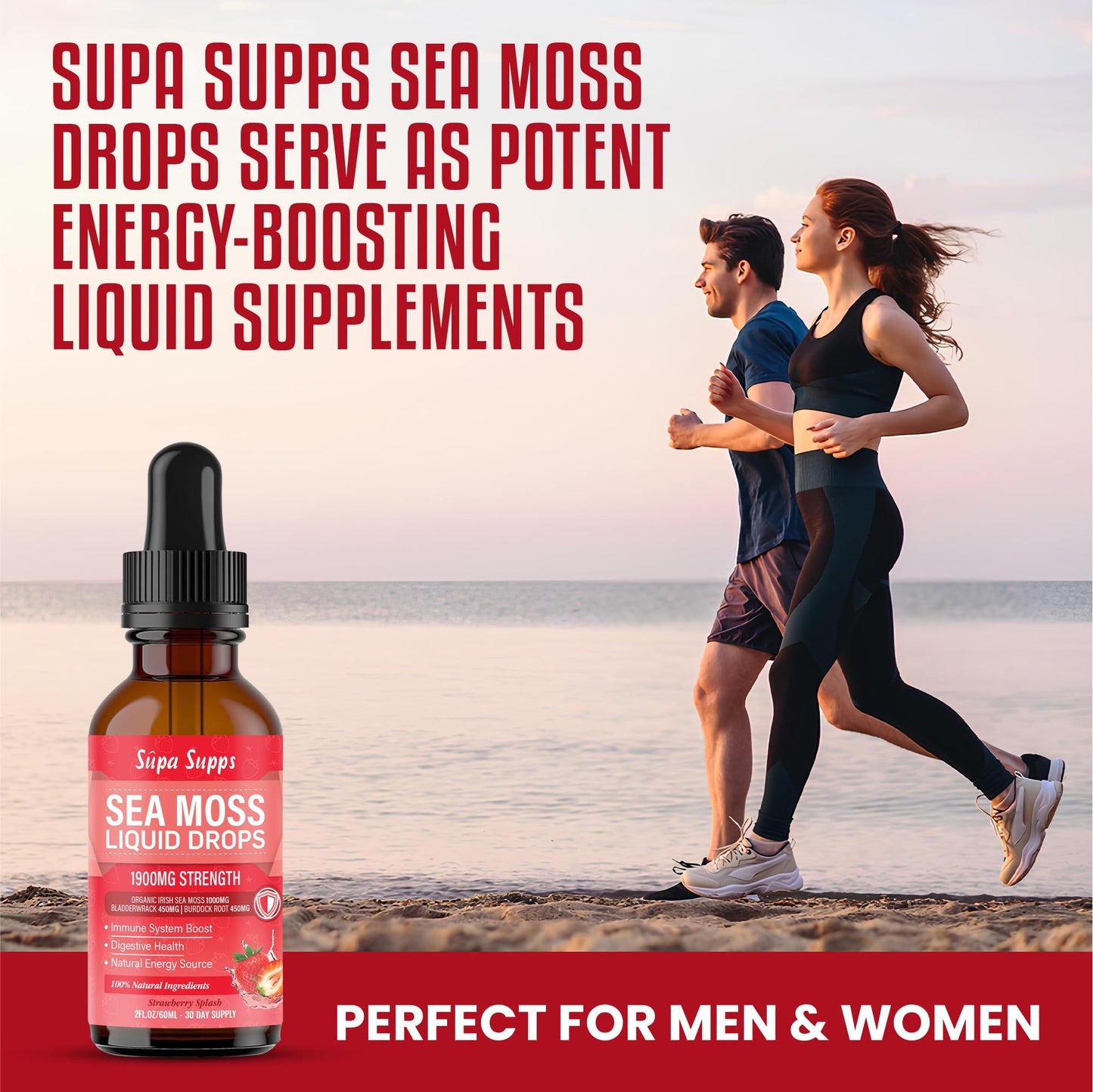 Organic Sea Moss Liquid Drops 60ml – Irish Sea Moss Organic Supplement for Immune Support, Thyroid Health, Digestion, and Skin, Seamoss Supplements with Bladderwrack & Burdock Root Strawberry Flavour