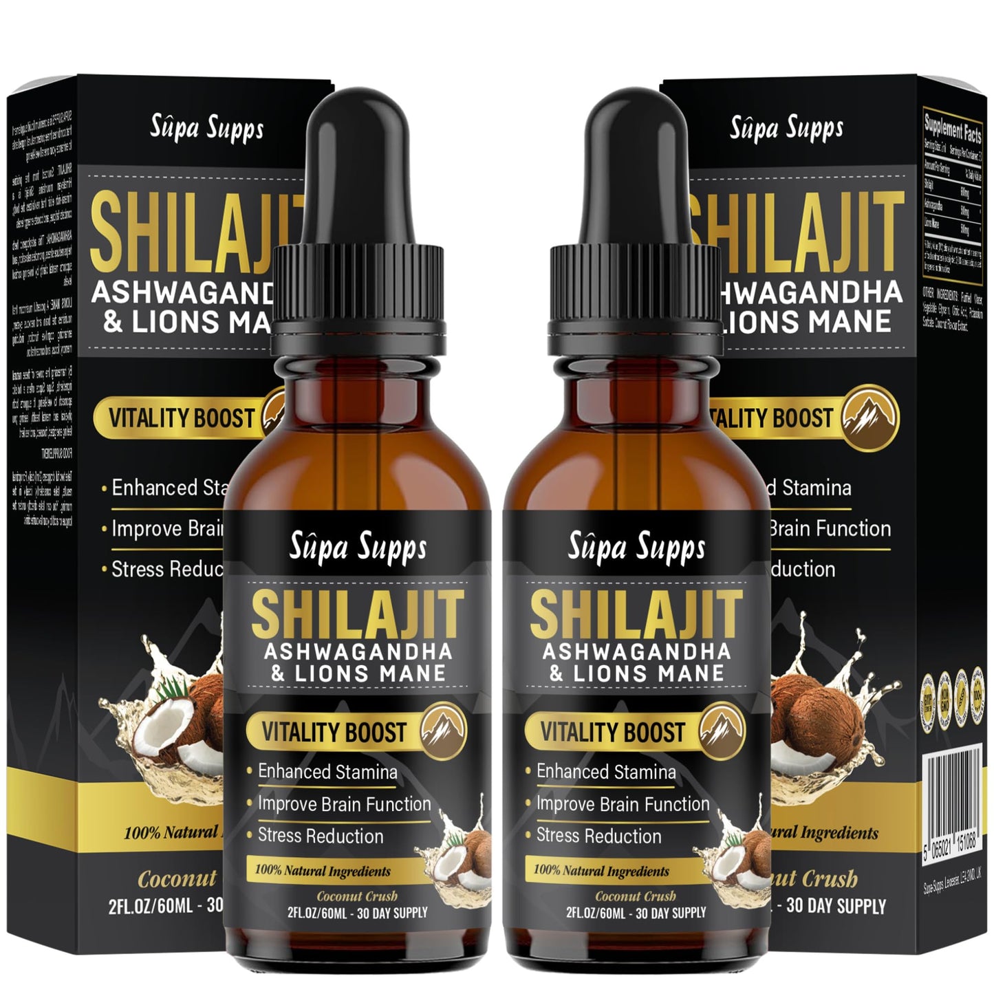 Shilajit, Ashwagandha, Lions Mane Liquid Drops - 60ml Coconut Flavour - Testosterone Booster for Energy, Focus & Vitality - Ashwagandha & Lions Mane Supplement for Men - Natural Shilajit Complex