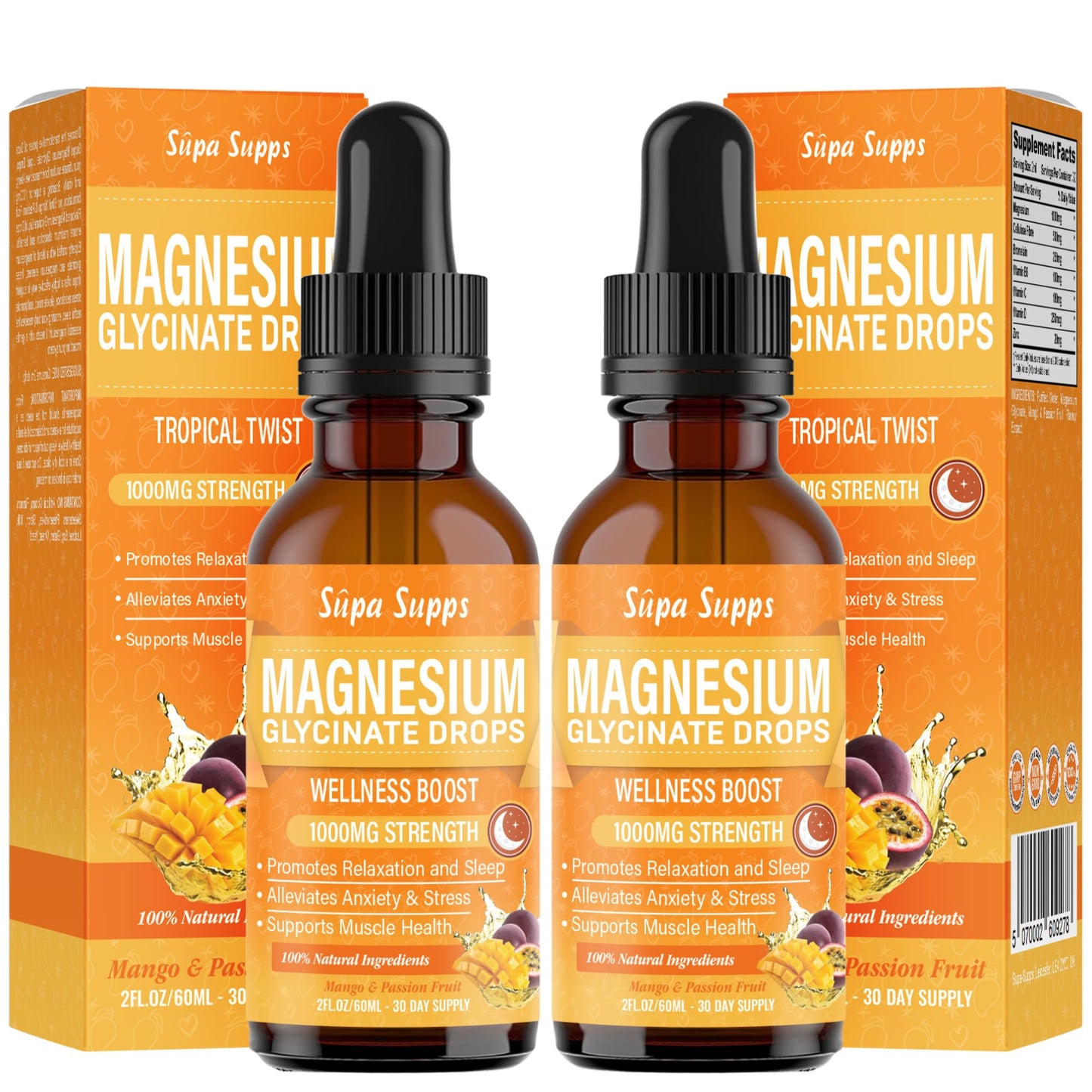 Magnesium Glycinate Liquid 1000MG – Liquid Magnesium Glycinate Drops with Trace Minerals – High Absorption, Supports Sleep, Relaxation, Nerve & Muscle Function – Mango & Passion Fruit Supplement 60ml