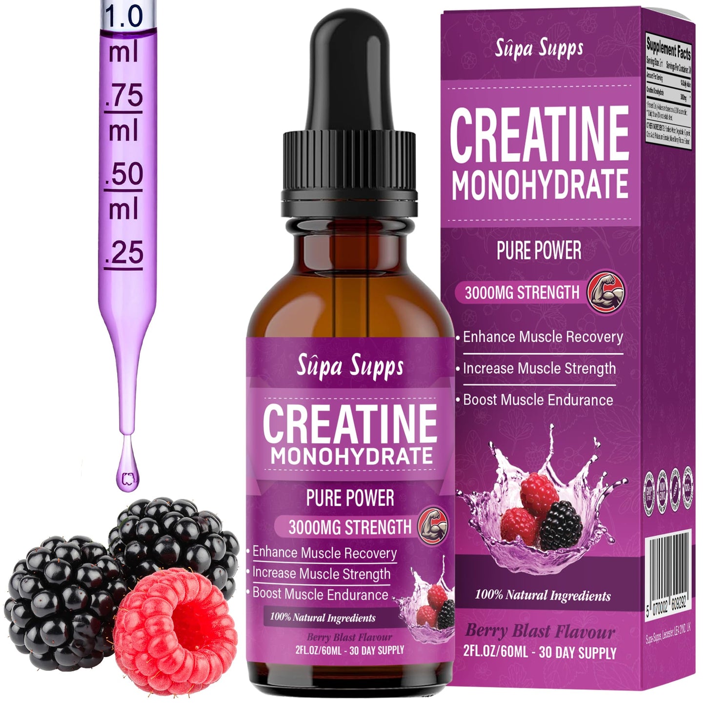 Creatine Monohydrate Drops 60ml - Liquid Alternative to Creatine Monohydrate Powder, Ideal for Gym Performance, Bulk Creatine Formula, Supports Muscle Growth, Recovery, and Energy - Berry Flavour