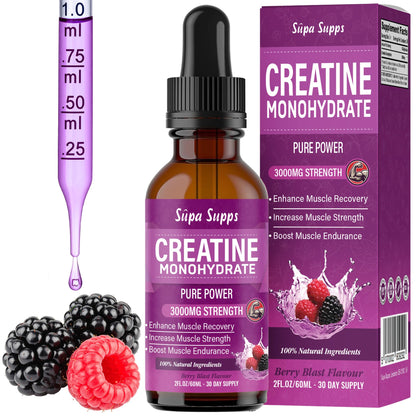 Creatine Monohydrate Drops 60ml - Liquid Alternative to Creatine Monohydrate Powder, Ideal for Gym Performance, Bulk Creatine Formula, Supports Muscle Growth, Recovery, and Energy - Berry Flavour