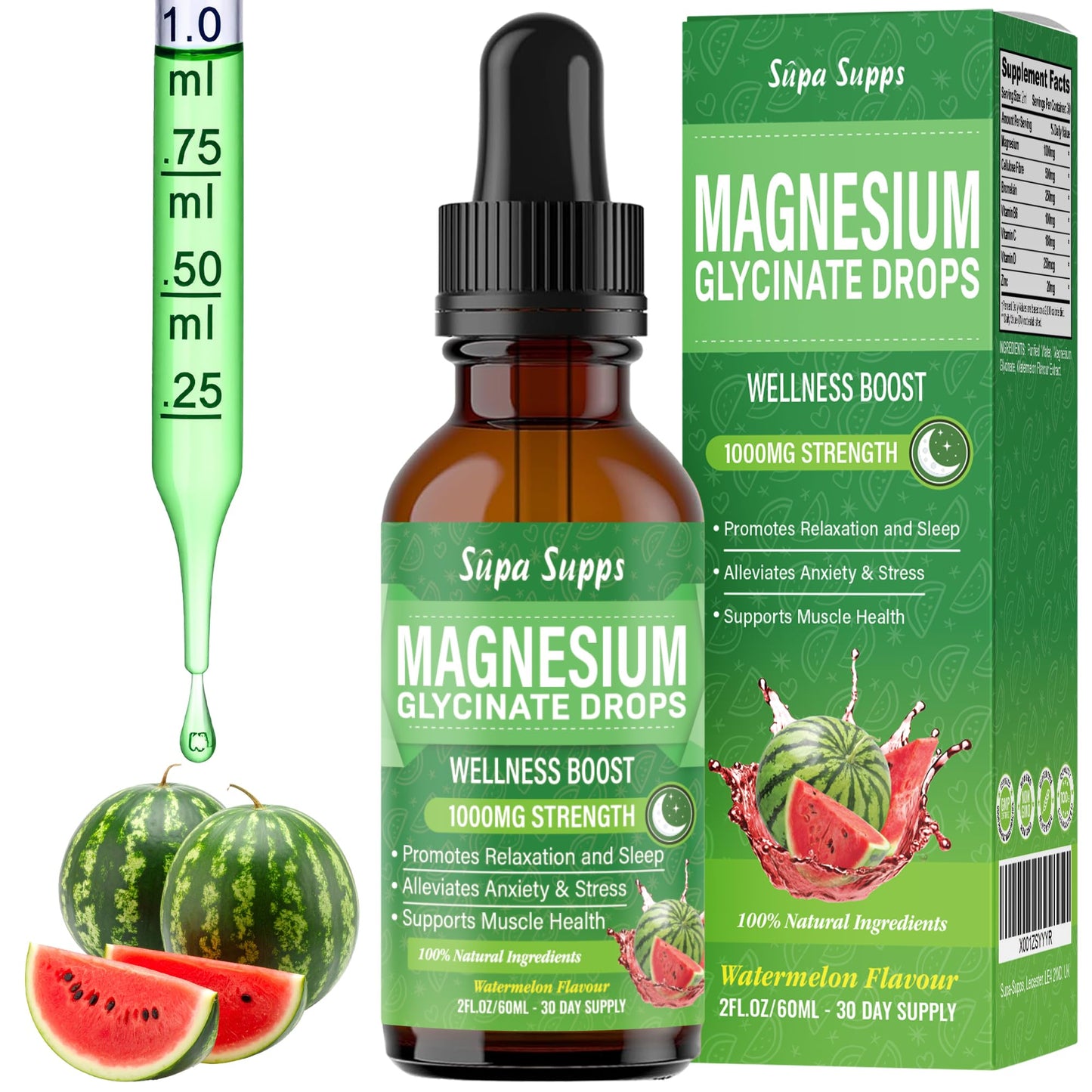 Magnesium Glycinate Liquid 1000MG – Liquid Magnesium Glycinate Drops with Trace Minerals – High Absorption, Supports Sleep, Relaxation, Nerve & Muscle Function – Watermelon Flavour Supplement 60ml