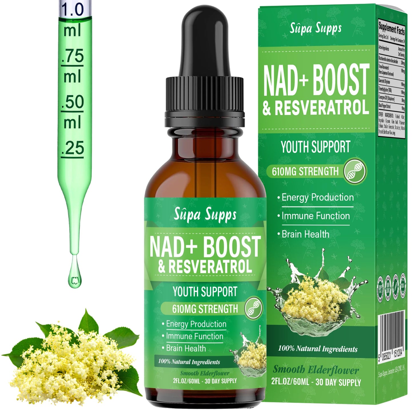 NAD+ Boost Liquid Drops 60ml | NAD Supplements UK, Resveratrol | Supports Energy, Focus & Cellular Health | Fast-Absorbing Liquid, Easy to Use, NAD Plus | Elderflower Flavour - 1 Month Supply