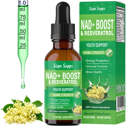 NAD+ Boost Liquid Drops 60ml | NAD Supplements UK, Resveratrol | Supports Energy, Focus & Cellular Health | Fast-Absorbing Liquid, Easy to Use, NAD Plus | Elderflower Flavour - 1 Month Supply