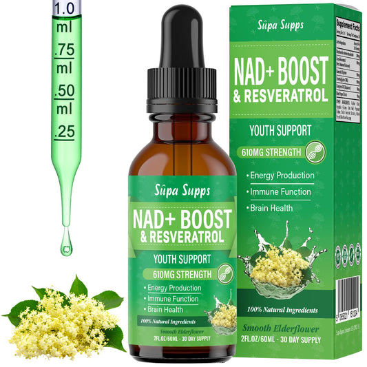 NAD+ Boost Liquid Drops 60ml | NAD Supplements UK, Resveratrol | Supports Energy, Focus & Cellular Health | Fast-Absorbing Liquid, Easy to Use, NAD Plus | Elderflower Flavour - 1 Month Supply