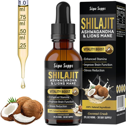 Shilajit, Ashwagandha, Lions Mane Liquid Drops - 60ml Coconut Flavour - Testosterone Booster for Energy, Focus & Vitality - Ashwagandha & Lions Mane Supplement for Men - Natural Shilajit Complex