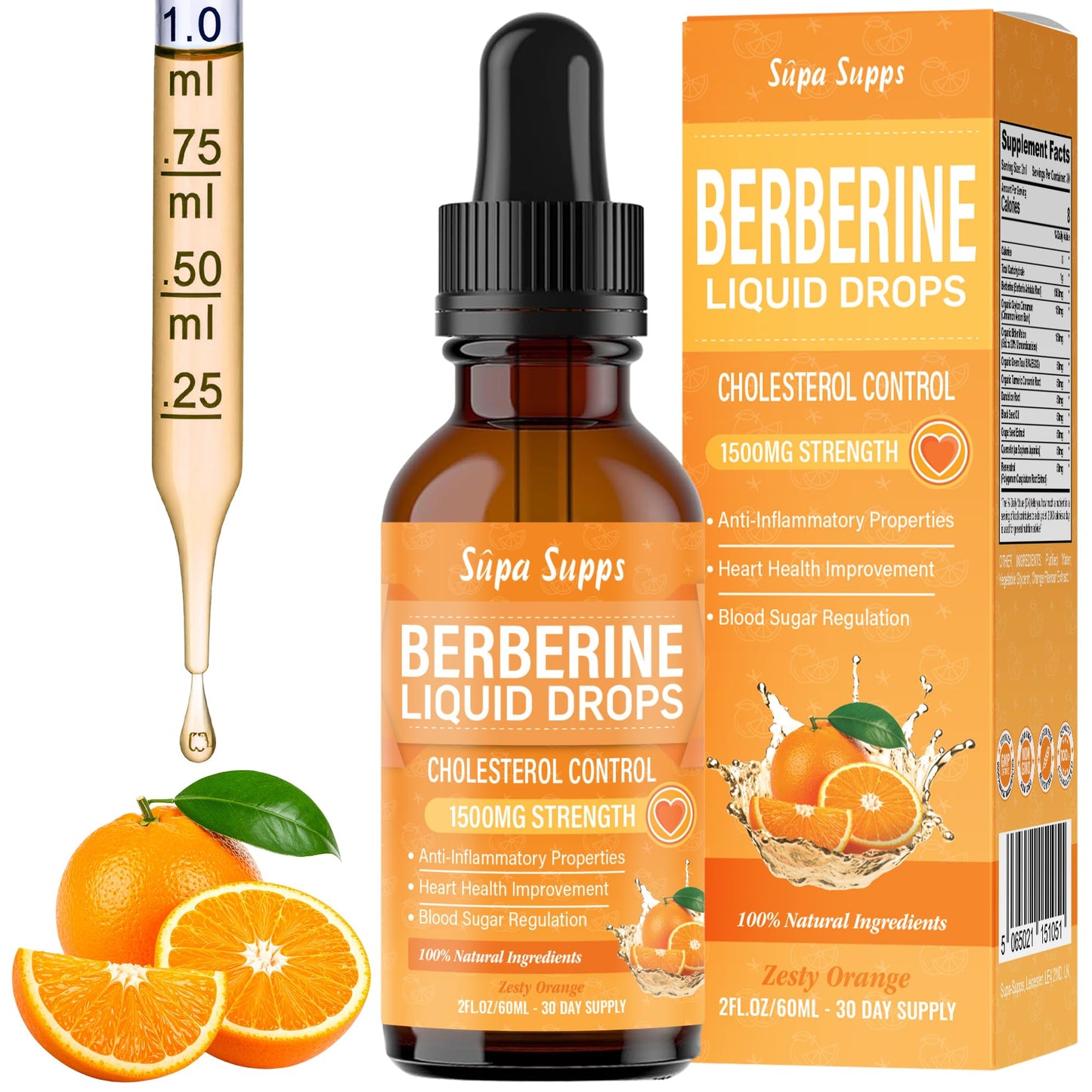 Berberine Liquid 60ml – High Strength Berberine Supplement for Weight Management, Blood Sugar & Cholesterol – Cholesterol Lowering Supplements – Natural, Fast-Absorbing, Orange Flavour