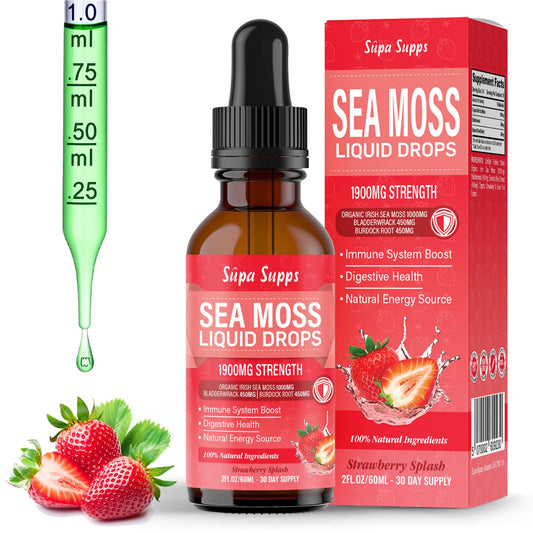 Organic Sea Moss Liquid Drops 60ml – Irish Sea Moss Organic Supplement for Immune Support, Thyroid Health, Digestion, and Skin, Seamoss Supplements with Bladderwrack & Burdock Root Strawberry Flavour