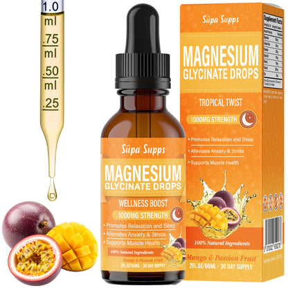 Magnesium Glycinate Liquid 1000MG – Liquid Magnesium Glycinate Drops with Trace Minerals – High Absorption, Supports Sleep, Relaxation, Nerve & Muscle Function – Mango & Passion Fruit Supplement 60ml