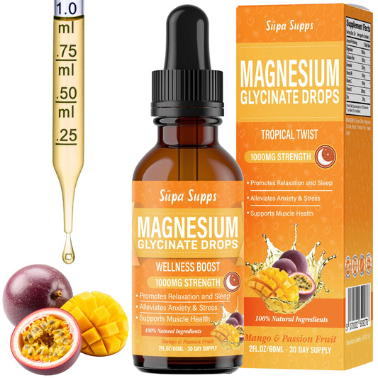 Magnesium Glycinate Liquid 1000MG – Liquid Magnesium Glycinate Drops with Trace Minerals – High Absorption, Supports Sleep, Relaxation, Nerve & Muscle Function – Mango & Passion Fruit Supplement 60ml
