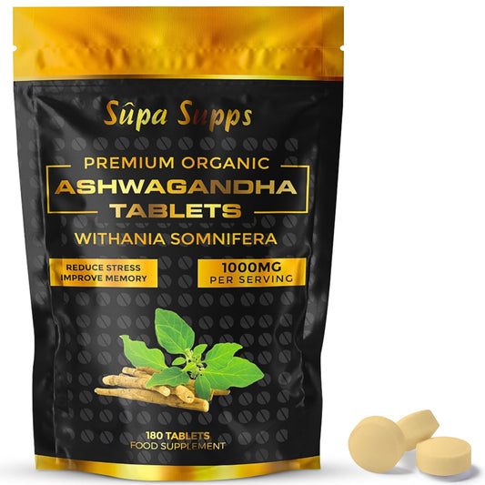 Organic Ashwagandha Tablets 1000MG - 180 Pack - High Strength Cortisol Reducing Supplements, Premium Ashwagandha High Strength Formula for Stress Relief and Vitality - 6 Month Supply