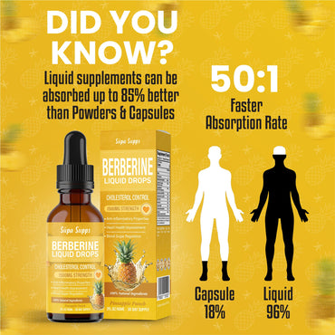 Berberine Liquid 60ml - High Strength Berberine Supplement for Weight Management, Blood Sugar & Cholesterol Lowering Supplements - Natural, Fast-Absorbing, 1 Month Supply - Pineapple Flavour