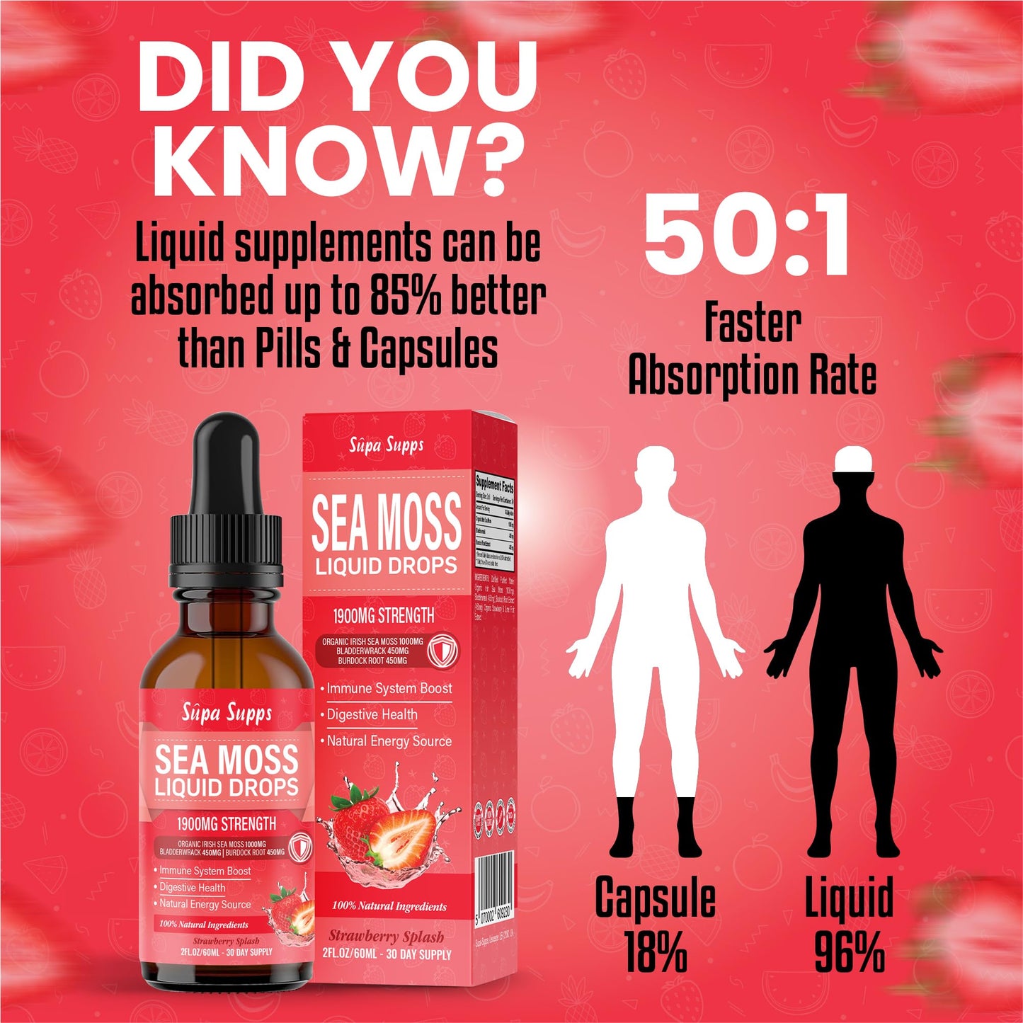 Organic Sea Moss Liquid Drops 60ml – Irish Sea Moss Organic Supplement for Immune Support, Thyroid Health, Digestion, and Skin, Seamoss Supplements with Bladderwrack & Burdock Root Strawberry Flavour