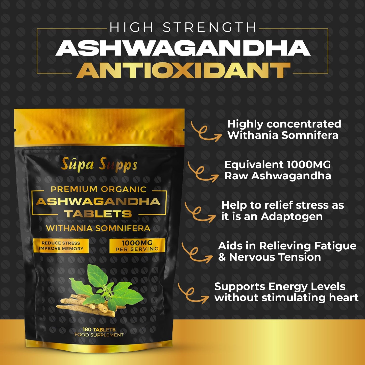 Organic Ashwagandha Tablets 1000MG - 180 Pack - High Strength Cortisol Reducing Supplements, Premium Ashwagandha High Strength Formula for Stress Relief and Vitality - 6 Month Supply