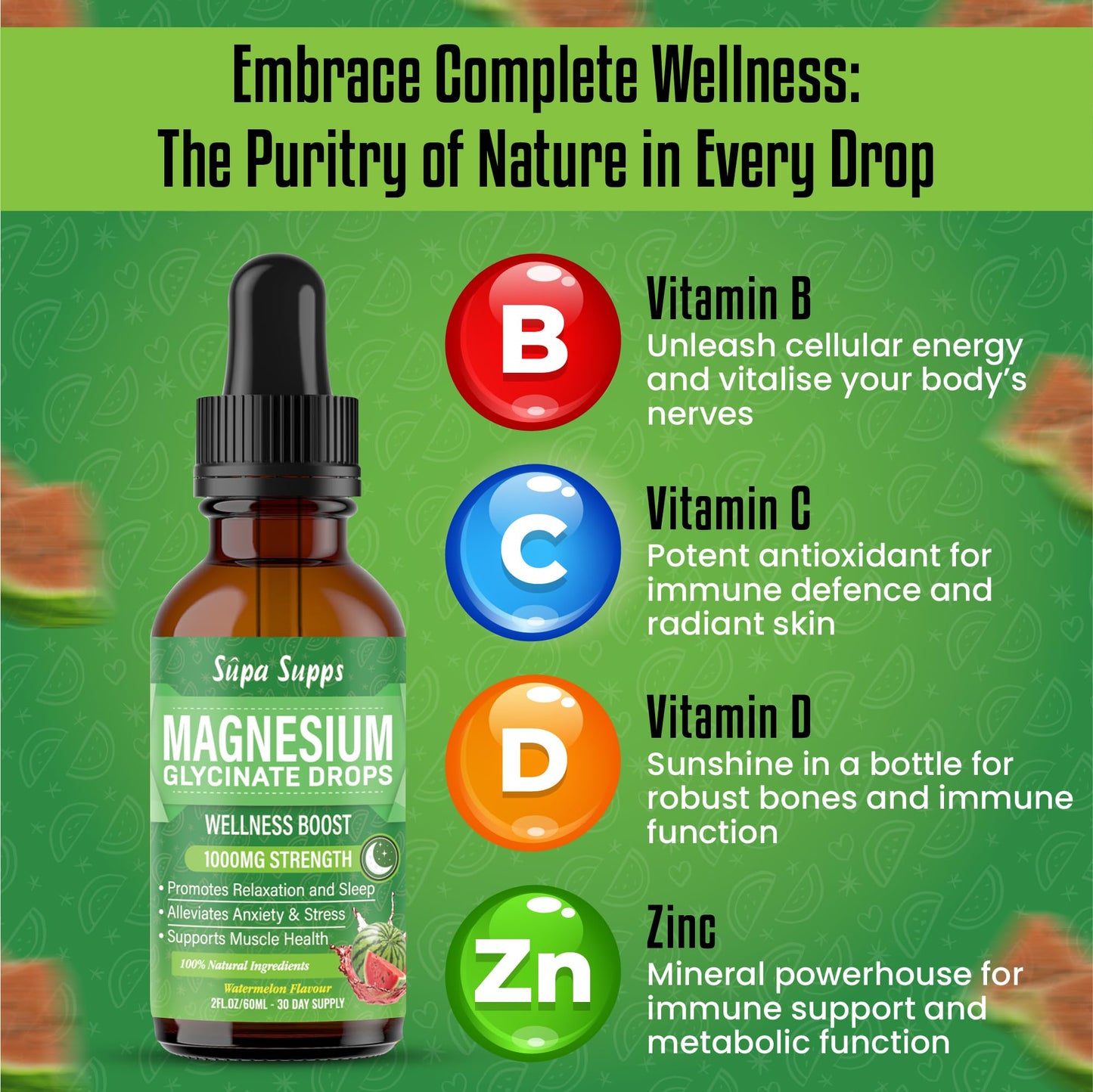 Magnesium Glycinate Liquid 1000MG – Liquid Magnesium Glycinate Drops with Trace Minerals – High Absorption, Supports Sleep, Relaxation, Nerve & Muscle Function – Watermelon Flavour Supplement 60ml
