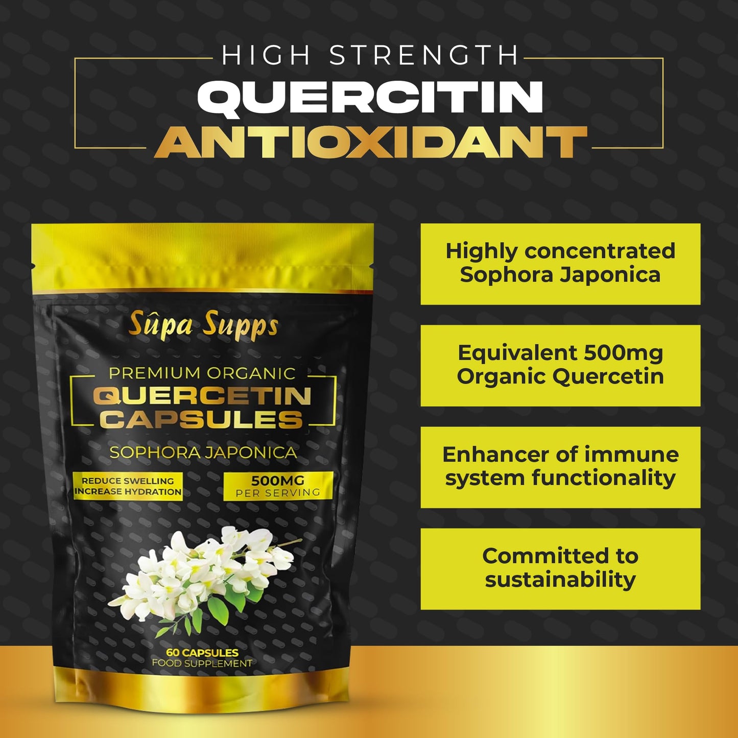 Pure Organic Quercetin - High Potency Quercetin Supplement for Antioxidant Support - Natural Quercitin Antioxidant Supplements for Immune Health & Energy Boost