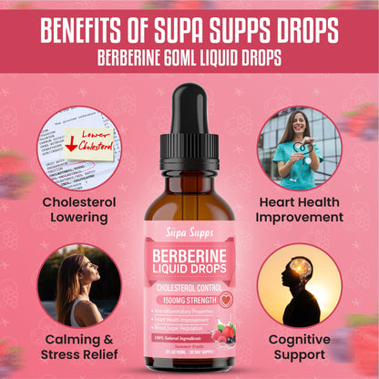 Berberine Liquid Drops - 60ml | Berberine Supplement 1500mg High Strength for Cholesterol Support | Natural Cholesterol Lowering Supplements | Aids Blood Sugar Balance - Summer Fruits Flavour