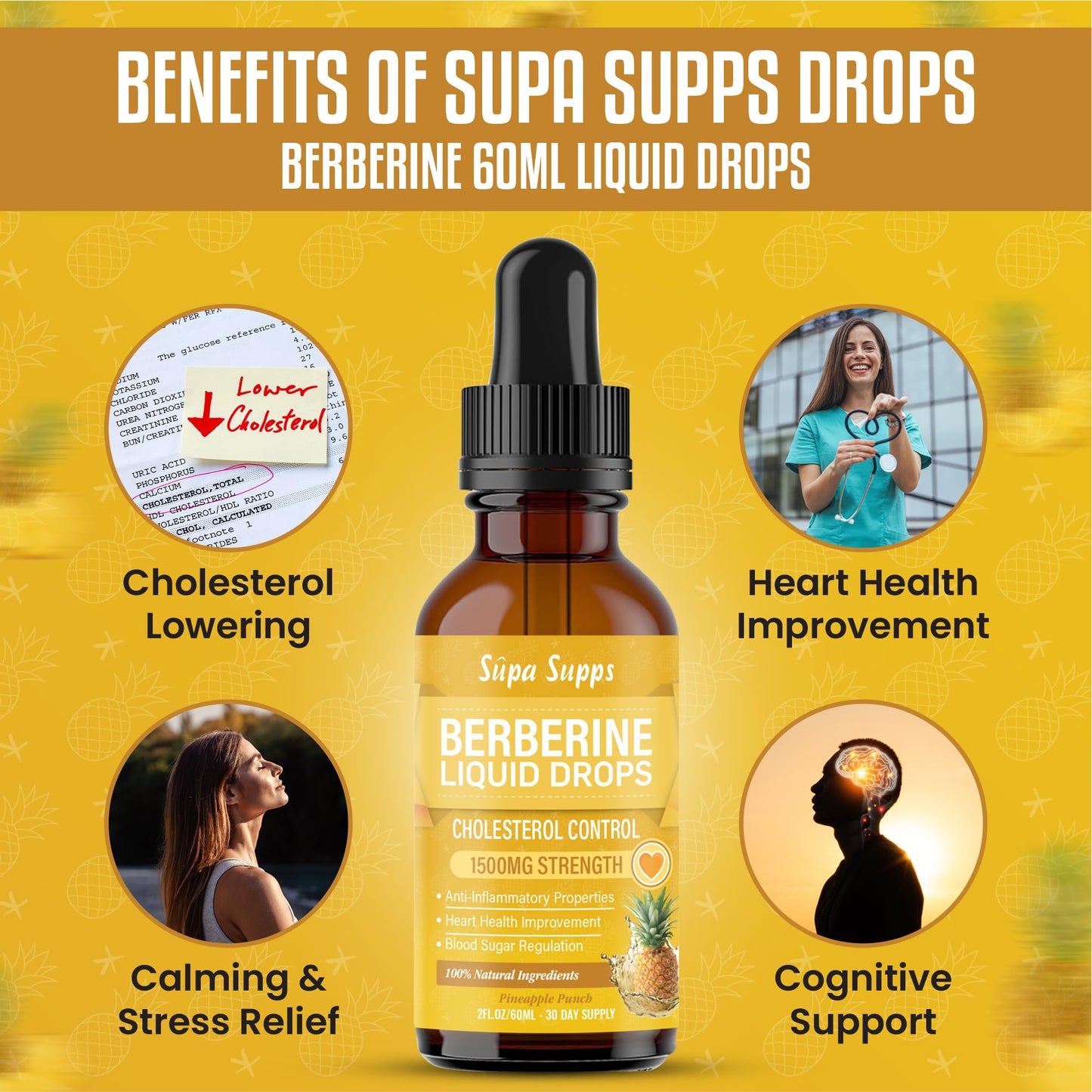 Berberine Liquid 60ml - High Strength Berberine Supplement for Weight Management, Blood Sugar & Cholesterol Lowering Supplements - Natural, Fast-Absorbing, 1 Month Supply - Pineapple Flavour