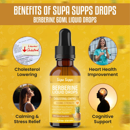 Berberine Liquid 60ml - High Strength Berberine Supplement for Weight Management, Blood Sugar & Cholesterol Lowering Supplements - Natural, Fast-Absorbing, 1 Month Supply - Pineapple Flavour