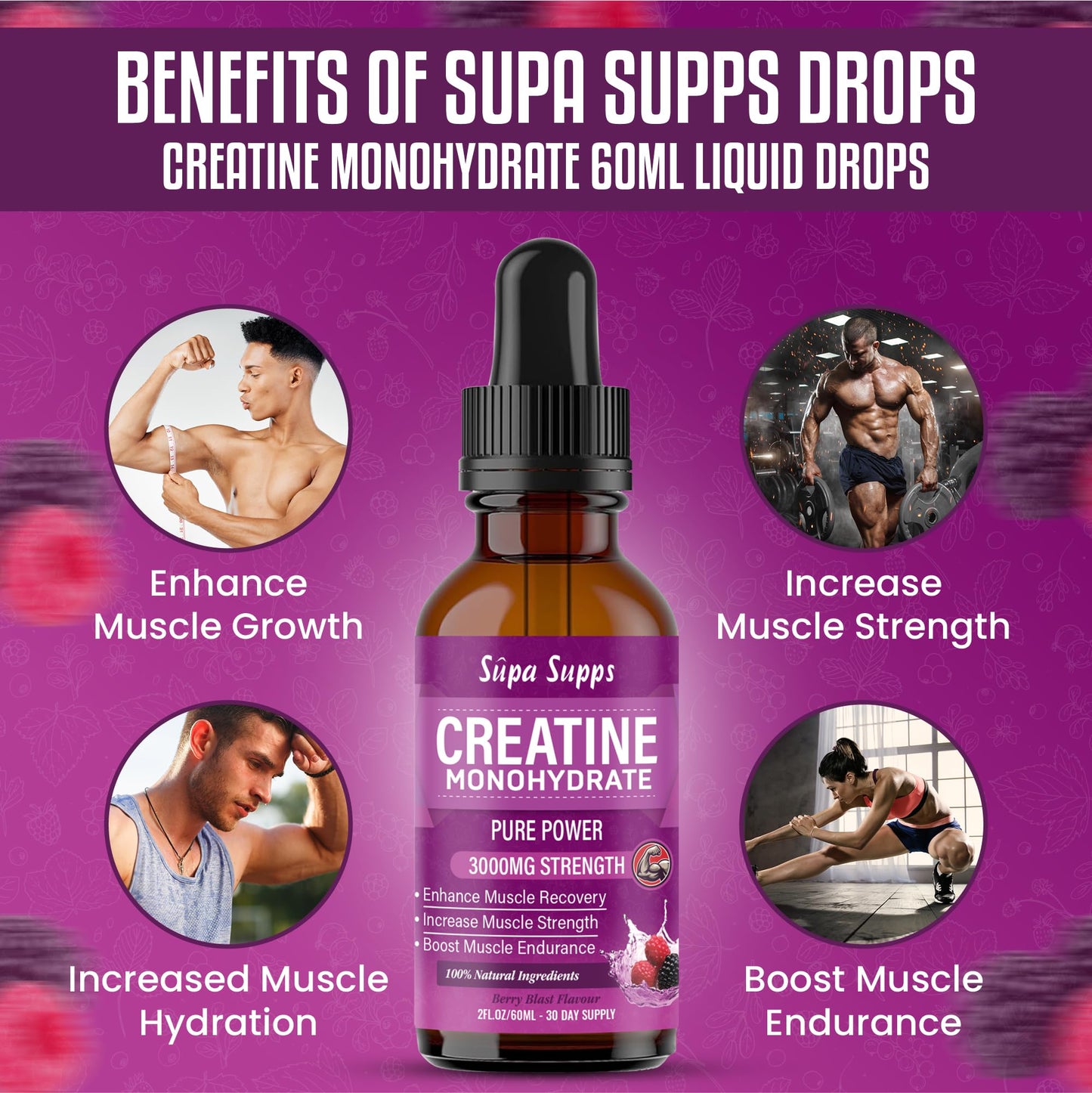 Creatine Monohydrate Drops 60ml - Liquid Alternative to Creatine Monohydrate Powder, Ideal for Gym Performance, Bulk Creatine Formula, Supports Muscle Growth, Recovery, and Energy - Berry Flavour