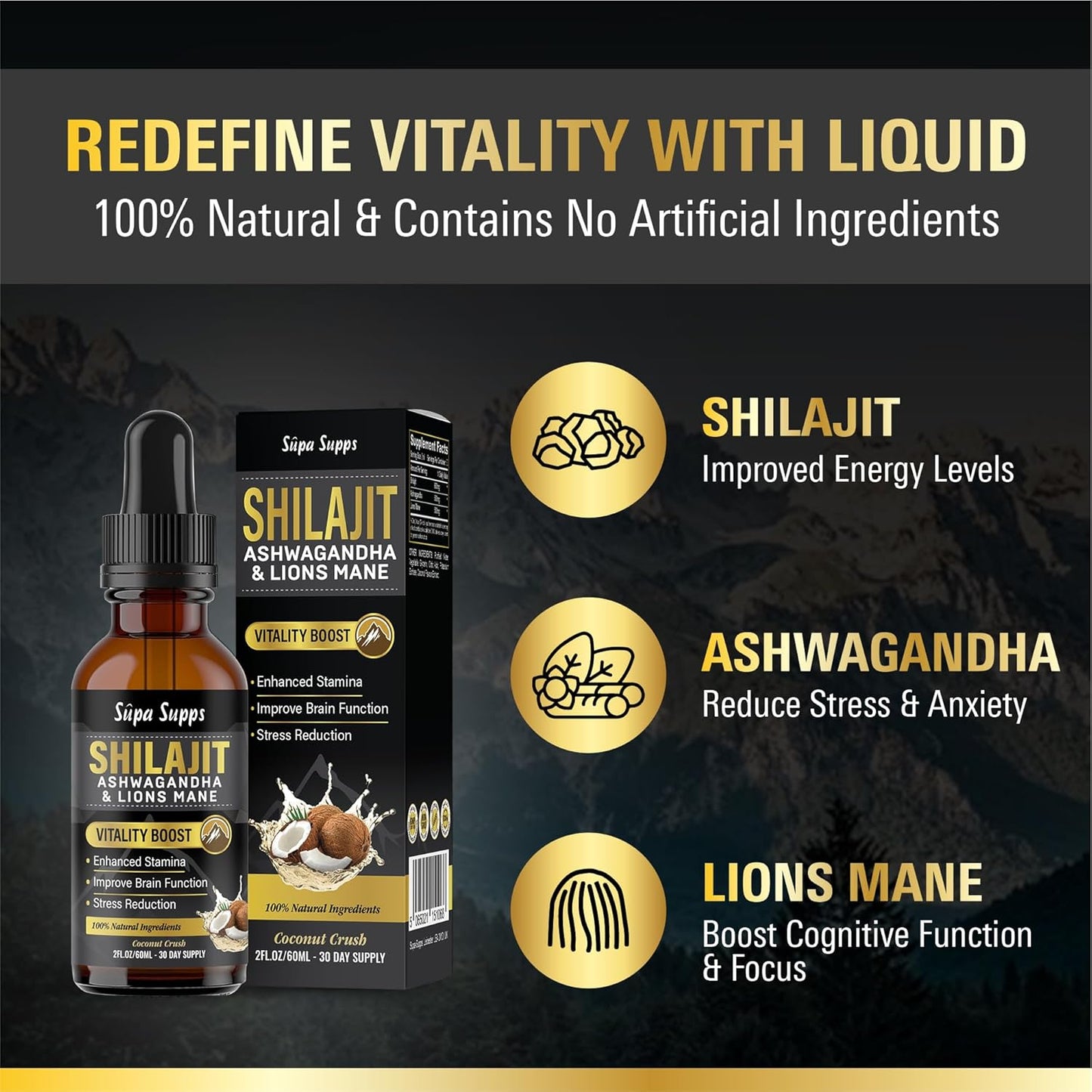 Shilajit, Ashwagandha, Lions Mane Liquid Drops - 60ml Coconut Flavour - Testosterone Booster for Energy, Focus & Vitality - Ashwagandha & Lions Mane Supplement for Men - Natural Shilajit Complex