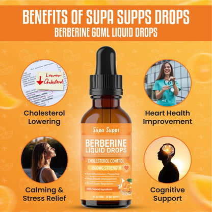 Berberine Liquid 60ml – High Strength Berberine Supplement for Weight Management, Blood Sugar & Cholesterol – Cholesterol Lowering Supplements – Natural, Fast-Absorbing, Orange Flavour