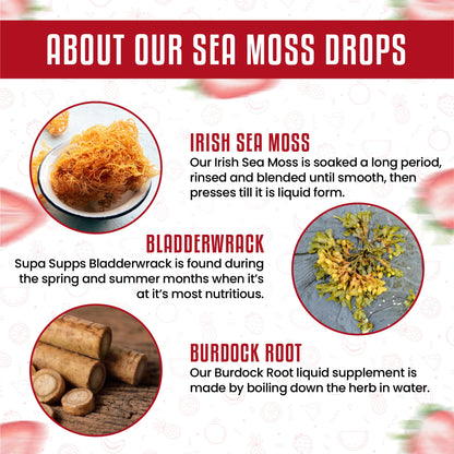 Organic Sea Moss Liquid Drops 60ml – Irish Sea Moss Organic Supplement for Immune Support, Thyroid Health, Digestion, and Skin, Seamoss Supplements with Bladderwrack & Burdock Root Strawberry Flavour