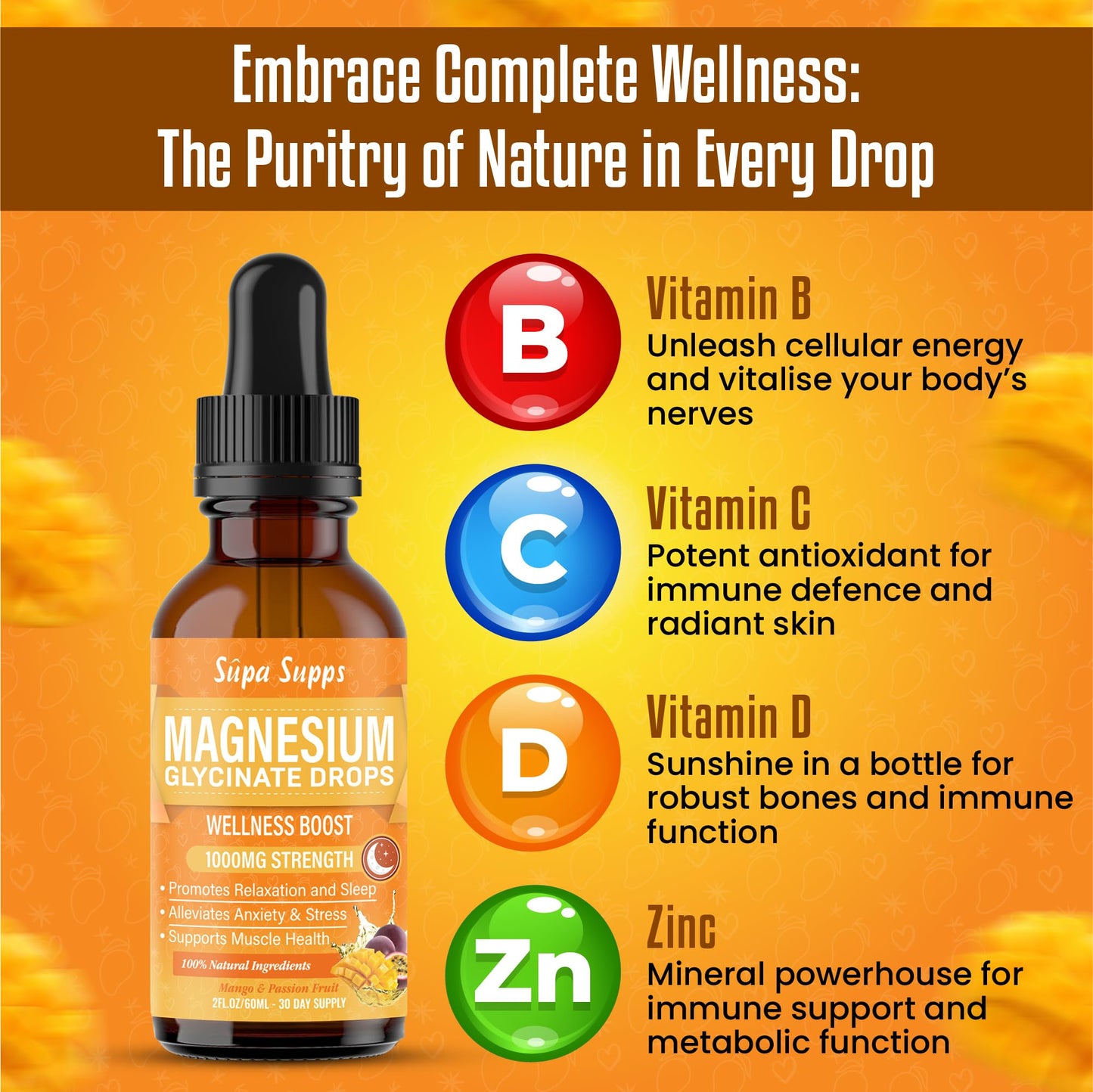 Magnesium Glycinate Liquid 1000MG – Liquid Magnesium Glycinate Drops with Trace Minerals – High Absorption, Supports Sleep, Relaxation, Nerve & Muscle Function – Mango & Passion Fruit Supplement 60ml
