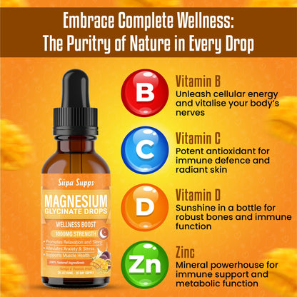 Magnesium Glycinate Liquid 1000MG – Liquid Magnesium Glycinate Drops with Trace Minerals – High Absorption, Supports Sleep, Relaxation, Nerve & Muscle Function – Mango & Passion Fruit Supplement 60ml