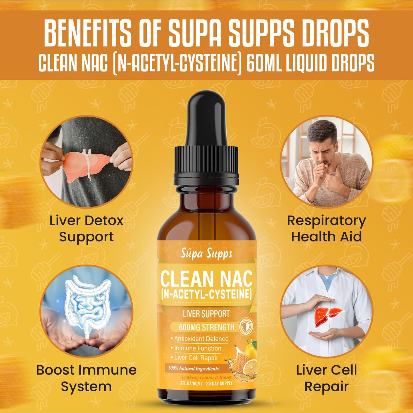 Clean NAC (N-Acetyl-Cysteine) Liquid 60ml - Honey & Lemon Flavour | Augmented NAC Supplement for Daily Support | High Absorption Formula | Easy Liquid Drops | nac n-Acetyl-cysteine 600mg Per Serving