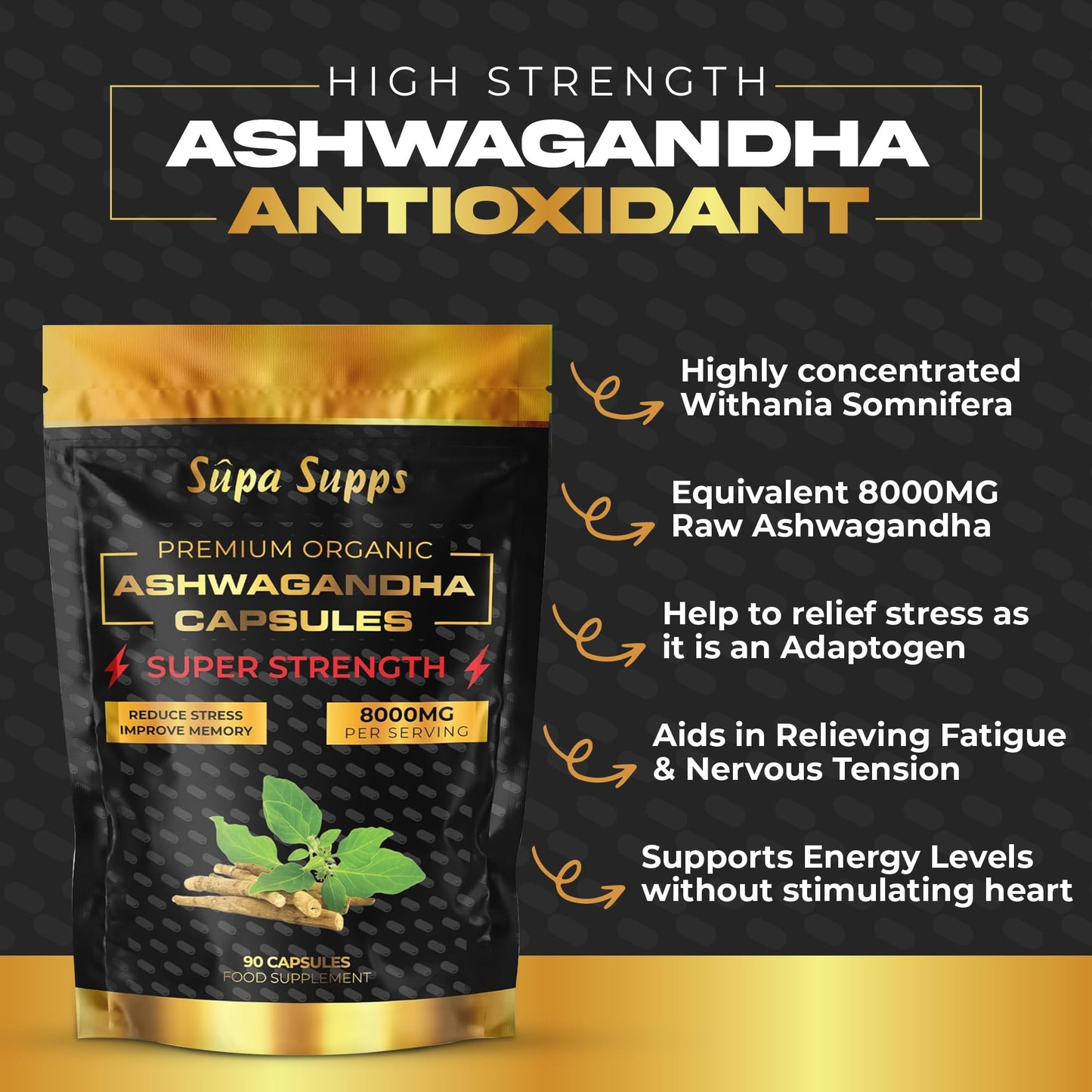 Organic Ashwagandha Capsules 8000MG - 90 Pack - High Strength Cortisol Reducing Supplements, Premium Ashwagandha High Strength Formula for Stress Relief and Vitality - 6 Month Supply