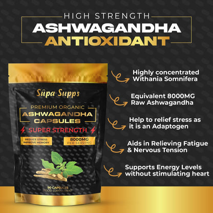Organic Ashwagandha Capsules 8000MG - 90 Pack - High Strength Cortisol Reducing Supplements, Premium Ashwagandha High Strength Formula for Stress Relief and Vitality - 6 Month Supply