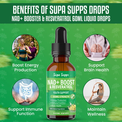 NAD+ Boost Liquid Drops 60ml | NAD Supplements UK, Resveratrol | Supports Energy, Focus & Cellular Health | Fast-Absorbing Liquid, Easy to Use, NAD Plus | Elderflower Flavour - 1 Month Supply