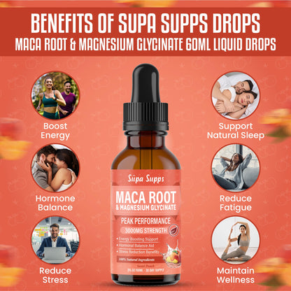 Maca Root & Magnesium Glycinate 60ml - Liquid Drops for Sleep, Energy & Hormone Balance - 2000mg Maca, 1000mg Magnesium per 2ml