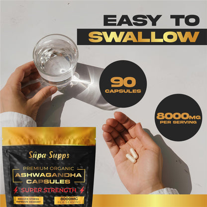 Organic Ashwagandha Capsules 8000MG - 90 Pack - High Strength Cortisol Reducing Supplements, Premium Ashwagandha High Strength Formula for Stress Relief and Vitality - 6 Month Supply