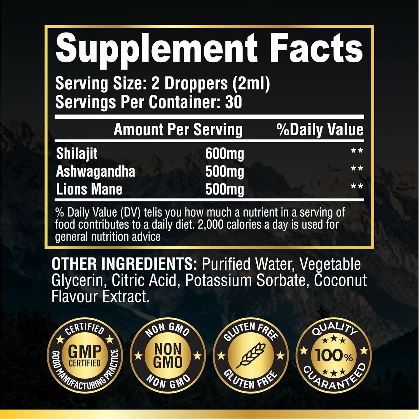 Shilajit, Ashwagandha, Lions Mane Liquid Drops - 60ml Coconut Flavour - Testosterone Booster for Energy, Focus & Vitality - Ashwagandha & Lions Mane Supplement for Men - Natural Shilajit Complex