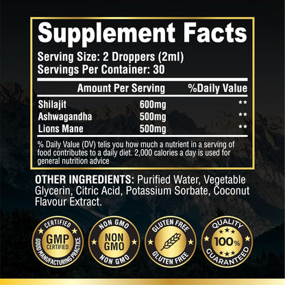 Shilajit, Ashwagandha, Lions Mane Liquid Drops - 60ml Coconut Flavour - Testosterone Booster for Energy, Focus & Vitality - Ashwagandha & Lions Mane Supplement for Men - Natural Shilajit Complex