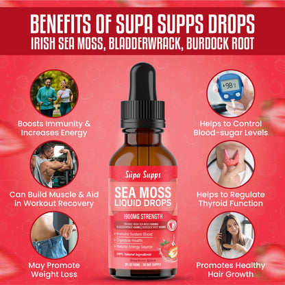 Organic Sea Moss Liquid Drops 60ml – Irish Sea Moss Organic Supplement for Immune Support, Thyroid Health, Digestion, and Skin, Seamoss Supplements with Bladderwrack & Burdock Root Strawberry Flavour