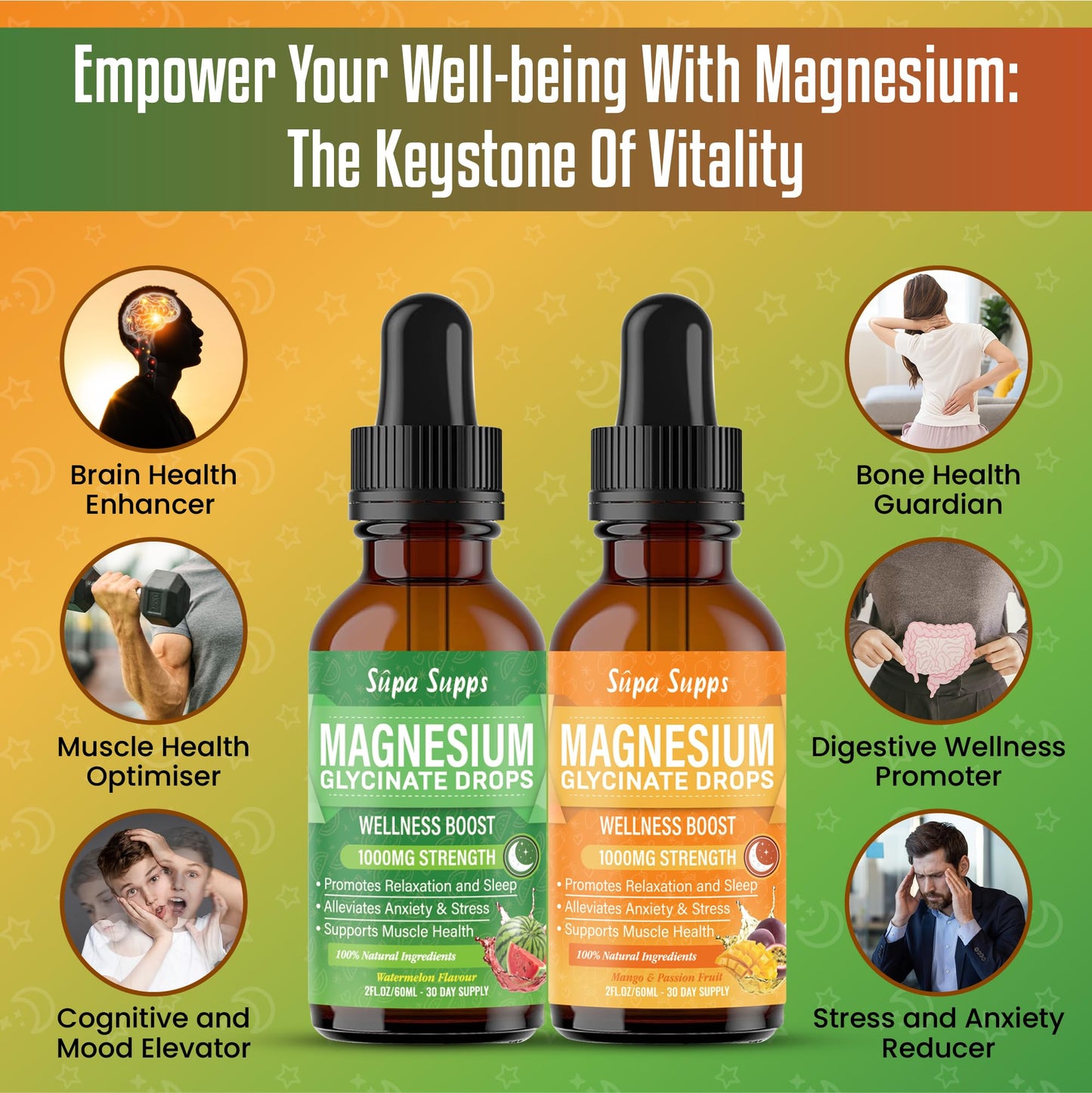 Magnesium Glycinate Liquid 1000MG – Liquid Magnesium Glycinate Drops with Trace Minerals – High Absorption, Supports Sleep, Relaxation, Nerve & Muscle Function, Watermelon/Mango & Passion Fruit