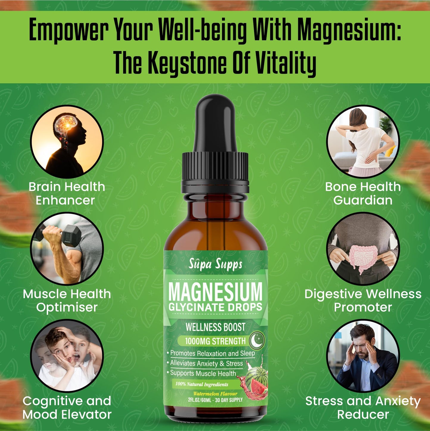 Magnesium Glycinate Liquid 1000MG – Liquid Magnesium Glycinate Drops with Trace Minerals – High Absorption, Supports Sleep, Relaxation, Nerve & Muscle Function – Watermelon Flavour Supplement 60ml
