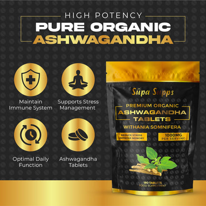 Organic Ashwagandha Tablets 1000MG - 180 Pack - High Strength Cortisol Reducing Supplements, Premium Ashwagandha High Strength Formula for Stress Relief and Vitality - 6 Month Supply