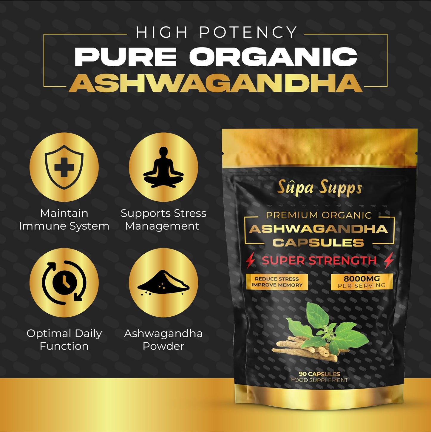 Organic Ashwagandha Capsules 8000MG - 90 Pack - High Strength Cortisol Reducing Supplements, Premium Ashwagandha High Strength Formula for Stress Relief and Vitality - 6 Month Supply