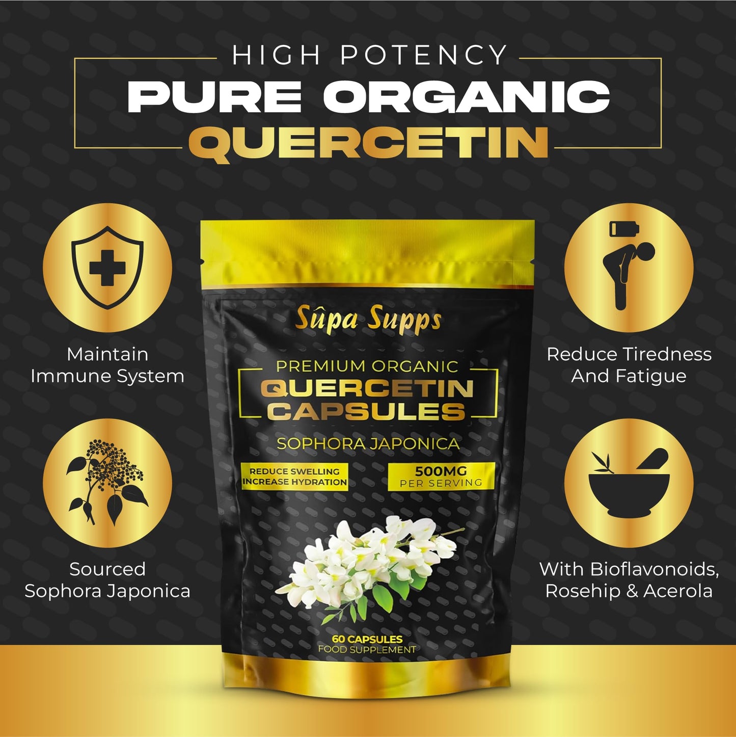 Pure Organic Quercetin - High Potency Quercetin Supplement for Antioxidant Support - Natural Quercitin Antioxidant Supplements for Immune Health & Energy Boost