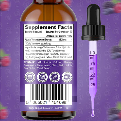 Turkesterone Liquid Drops 60ml High Strength 1500mg Muscle Growth Supplement - Gym Supplements for Men - Supports Recovery, Supplements for Men - Fast Absorbing Fadogia Agrestis Extract