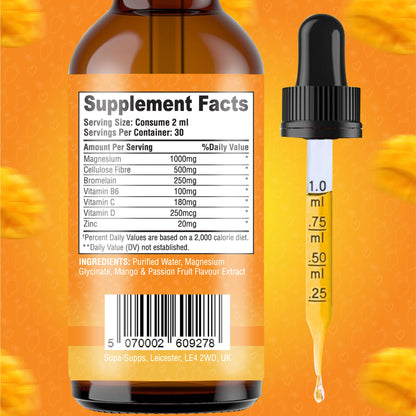 Magnesium Glycinate Liquid 1000MG – Liquid Magnesium Glycinate Drops with Trace Minerals – High Absorption, Supports Sleep, Relaxation, Nerve & Muscle Function – Mango & Passion Fruit Supplement 60ml
