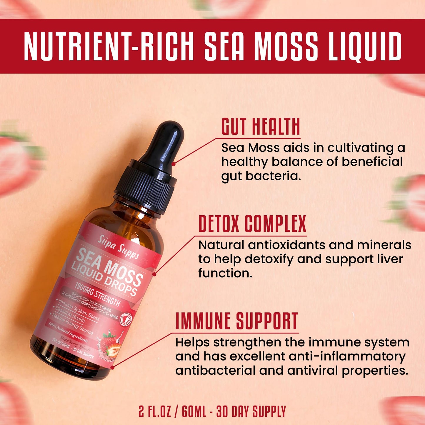 Organic Sea Moss Liquid Drops 60ml – Irish Sea Moss Organic Supplement for Immune Support, Thyroid Health, Digestion, and Skin, Seamoss Supplements with Bladderwrack & Burdock Root Strawberry Flavour