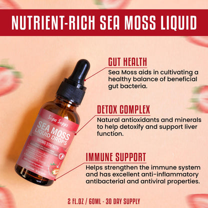 Organic Sea Moss Liquid Drops 60ml – Irish Sea Moss Organic Supplement for Immune Support, Thyroid Health, Digestion, and Skin, Seamoss Supplements with Bladderwrack & Burdock Root Strawberry Flavour