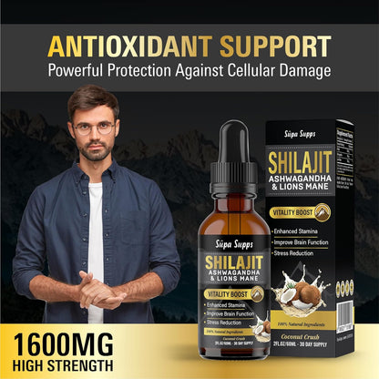 Shilajit, Ashwagandha, Lions Mane Liquid Drops - 60ml Coconut Flavour - Testosterone Booster for Energy, Focus & Vitality - Ashwagandha & Lions Mane Supplement for Men - Natural Shilajit Complex