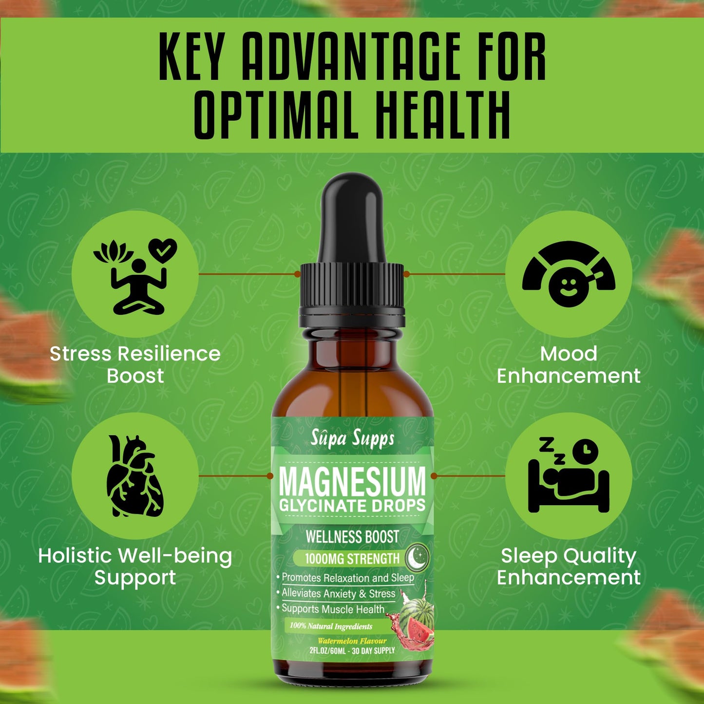 Magnesium Glycinate Liquid 1000MG – Liquid Magnesium Glycinate Drops with Trace Minerals – High Absorption, Supports Sleep, Relaxation, Nerve & Muscle Function – Watermelon Flavour Supplement 60ml