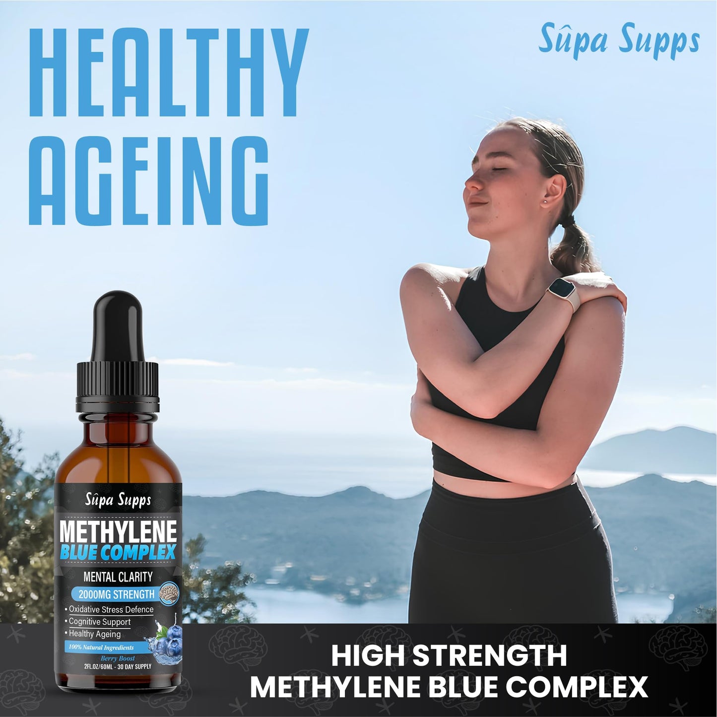 Methylene Blue Complex Liquid 60ml - Supreme Methylene Blue Drops for Daily Use - Easy to Take, High Purity Formula | Natural Support | Blueberry Flavour | Supa Supps Mental Clairty for Humans